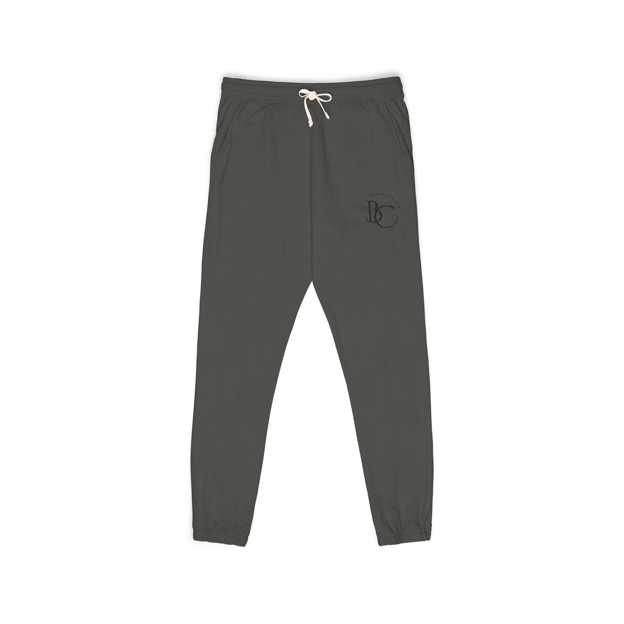 BC Fleece Sweatpants — Minimal Vertical Side Logo, Cozy Garment-Dyed Joggers