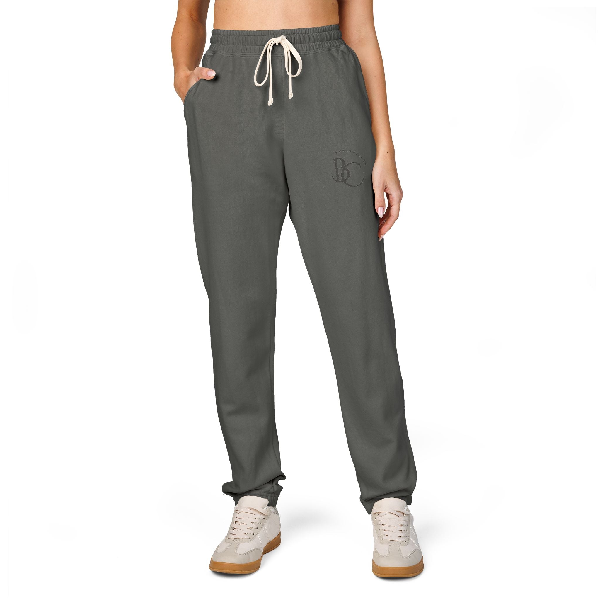 BC Fleece Sweatpants — Minimal Vertical Side Logo, Cozy Garment-Dyed Joggers